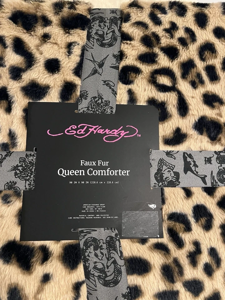 Ed Hardy Faux Fur Queen Comforter In Leopard Print NWT - Image 2 of 4