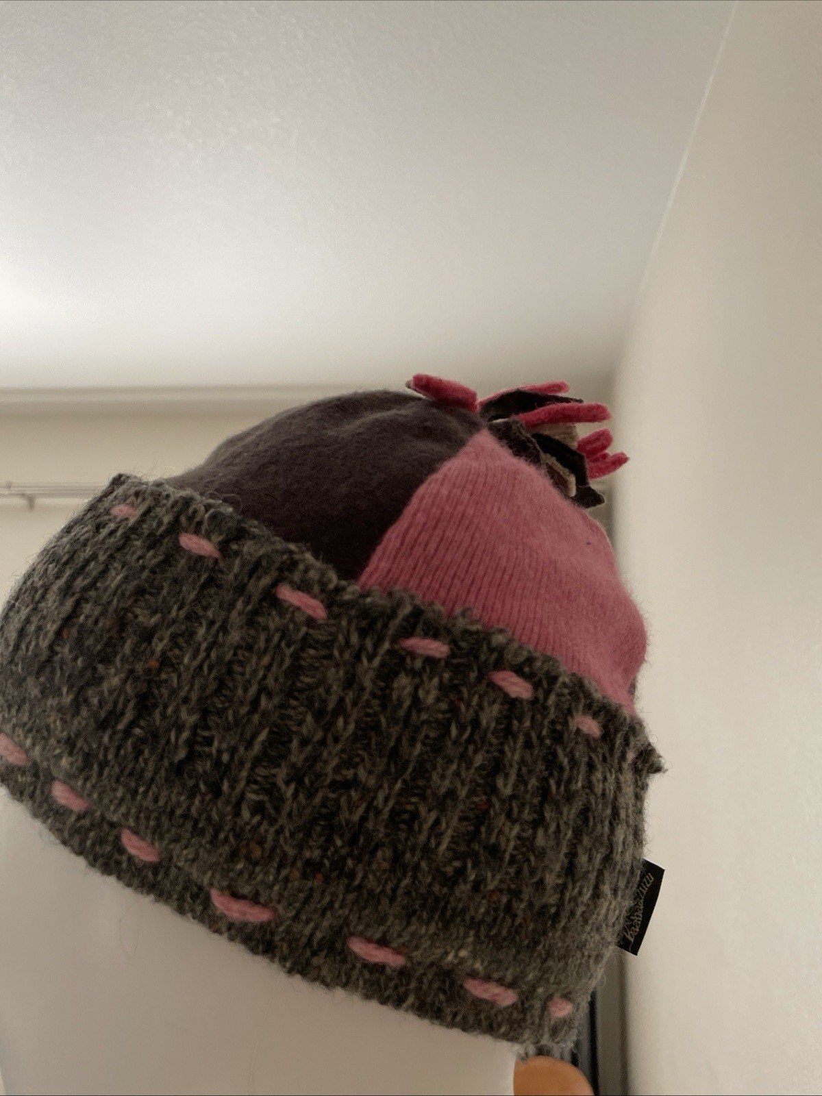 Handmade Wool Patchwork Hat Pink Brown Gray Fleec… - image 3