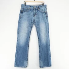 BKE Carter Jeans Mens 32L Blue Distressed Bootcut Button Fly Embroidered