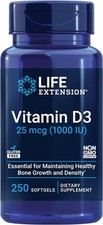 Life Extension Vitamin D3 25 mcg 1000 IU , Immune 250 Count Pack of 1