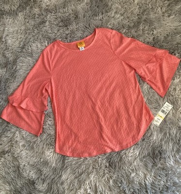 Ruby Red Petite Flare Sleeve Polka Dot Blouse Sz Petite Medium  Guava  Pink NWT
