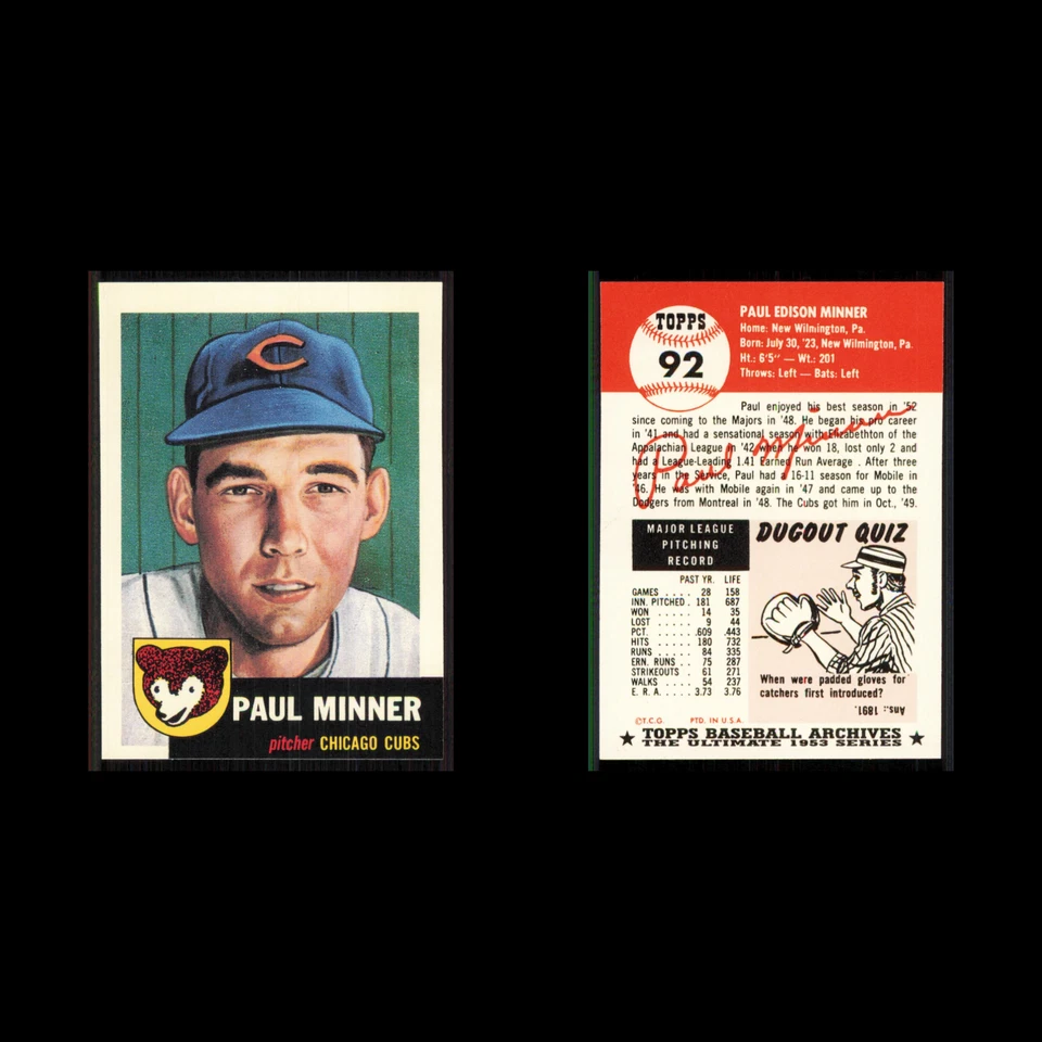 Paul Minner #92 1991 Topps Archives 1953 Chicago Cubs Baseball Card MLB NM - Image 3 of 3