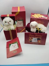 Lot of 2 Vintage Fancy Feast Christmas Ornaments White Cats 2003 2004 W/Boxes