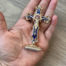 Catholic Crucifix Table Top Stand Blue Golden Tone Cross Cruz Crucifijo Cristo