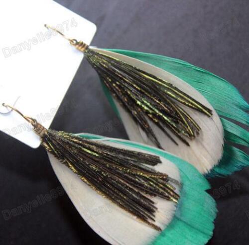 AQUA sea green BIG FEATHER EARRINGS blue brown PEACOCK BIRD vintage gold pltd - Afbeelding 1 van 1
