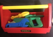 Vintage 1988 Stanley Playtime Tool Box 7 Tools Pieces Toy Hammer Saw Tape Lot