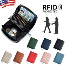RFID Blocking Women Men Genuine Leather Wallet Credit Card Holder Zipper Pocket
