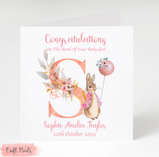 Handmade Personalised Peter Rabbit New Baby Card - Baby Girl