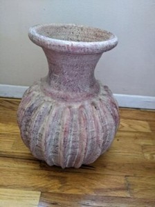 Large 13" Brutalist Ribbed Globe Vase Handmade Thailand Redstone Pottery Melon