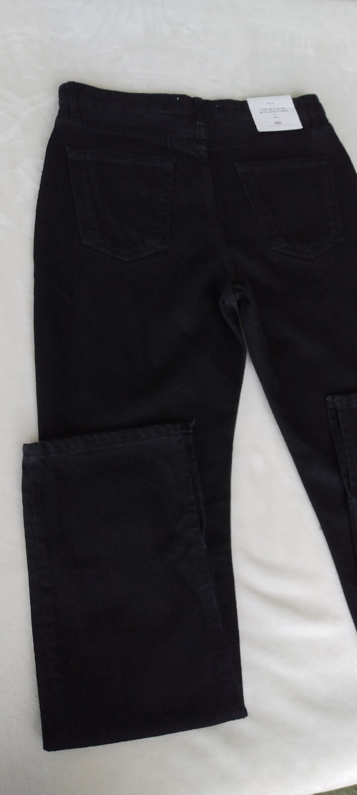 ZARA WOMENS 90S SLIM FIT HIGH RISE SPLIT HEM BLACK DENIM JEANS SIZE 8