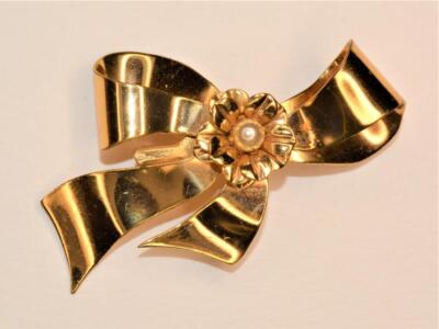 Vintage 50er SIGNIERT CORO Gold Vermeil Perle Schleife Pin Brosche 8g