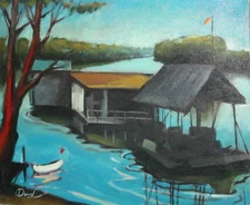 Oil painting landscape river signed