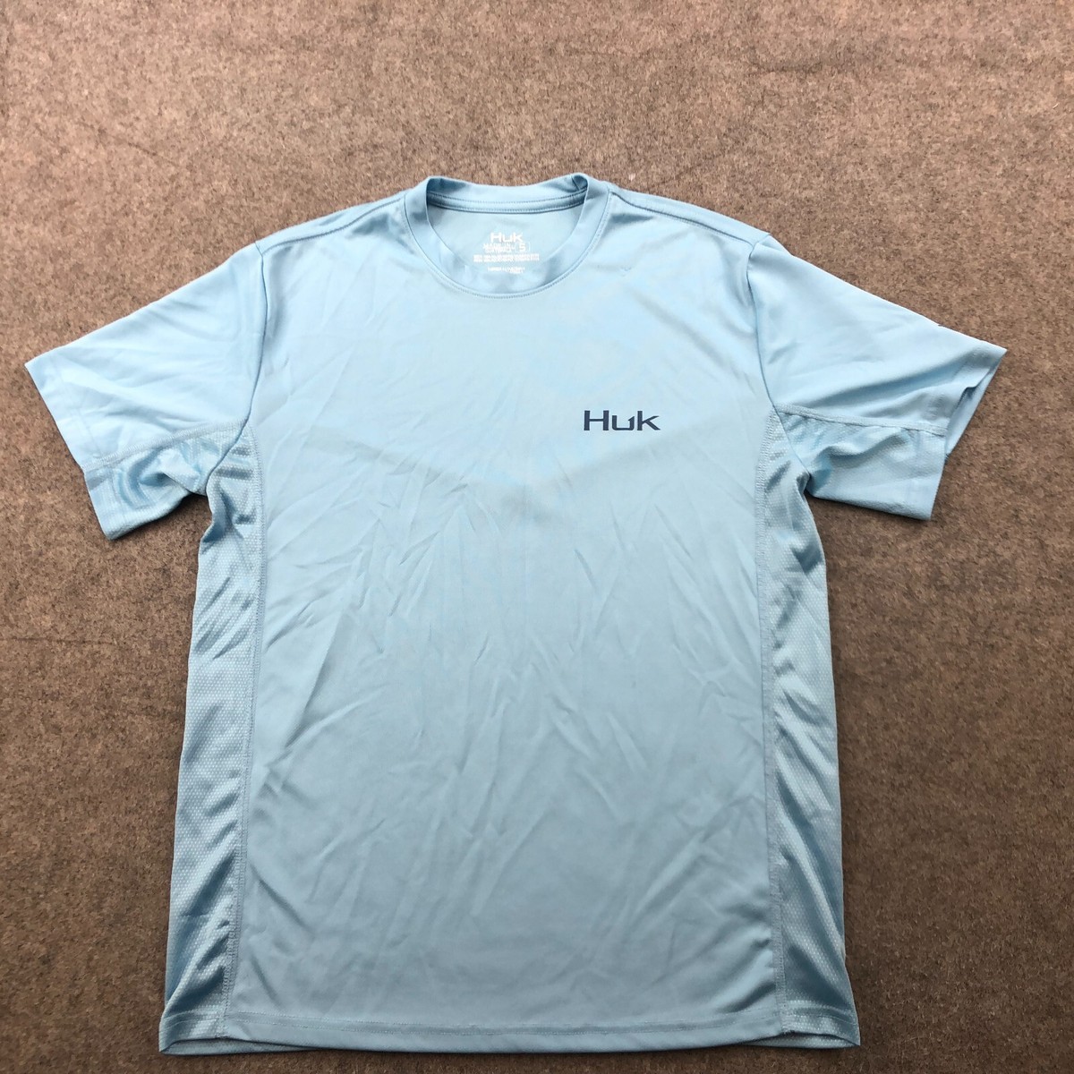 HUK Shirt Men Small Blue Spell Out Short Sleeve Fishing Outdoors Hiking