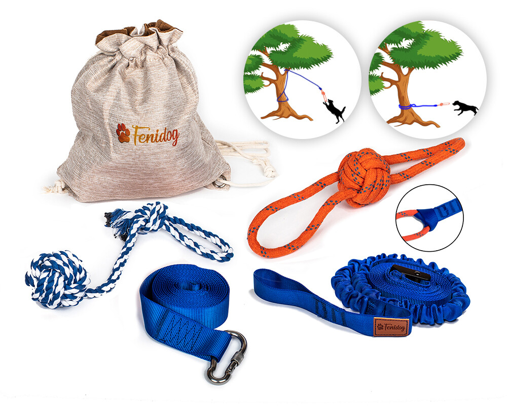 HOKINETY Hondenhangende bungee-sleepspeelgoed: interactief touwtrekken voor Pitbull kleine tot grote honden om te trainen en plezier solo te spelen - duurzaam intrekbare trekhond touw speelgoed met 2