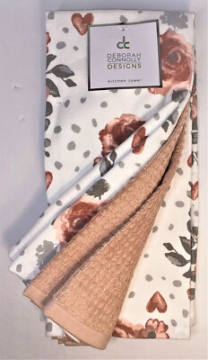Deborah Connolly Set of 3 Kitchen Towels Flowers 100% Cotton New