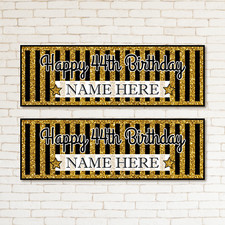 2 Personalised Black and Gold Kids & Adult Birthday Party Banner Event Decor