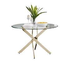 Image of NOVARA Gold Round Tempered Glass Dining Table And 4 Faux Leather Dining Chairs