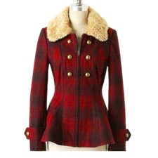 Elevenses Anthropologie Red Wool Plaid Sherpa Collar Peplum Coat Size 6