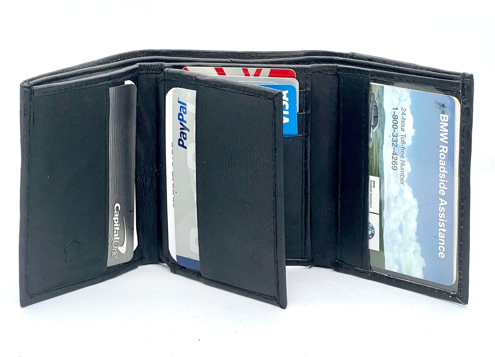 Black Genuine Leather Mens Trifold Wallet with Credit Card Holder and ID Window