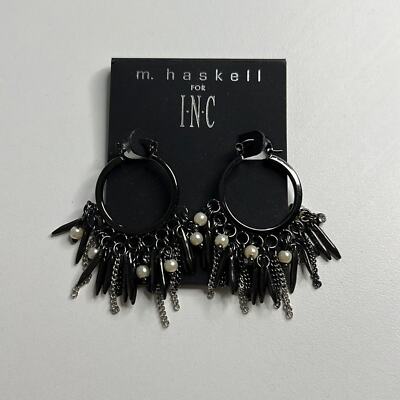 INC International Concepts Black Dangle Hoop Earrings w/ Ivory Black  Fringe!!