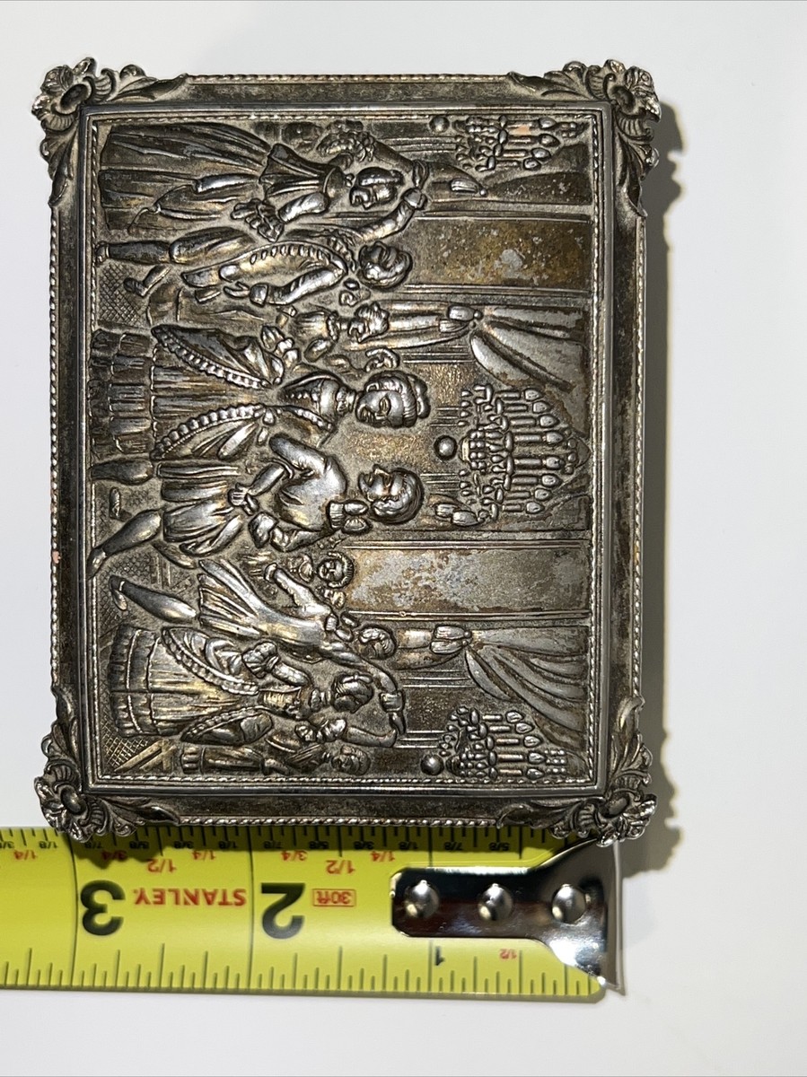 Silver Scenes Ltd. トゥースボックス Vintage Trinket/Jewelry Box Silver Metal Colonial Scene Footed
