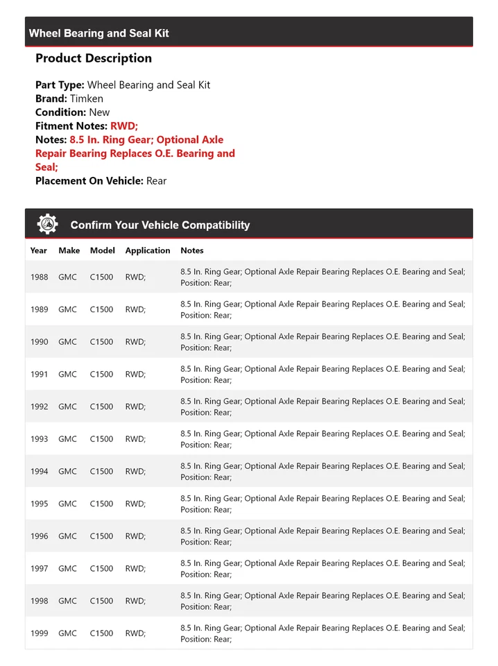 Kit de cojinete y sello de rueda trasero Timken 1989 1990 para GMC C1500 1988-1999 TRACCIÓN TRASERA Foto 2 de 4