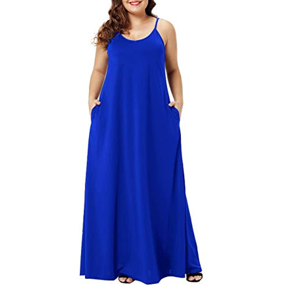 Wolddress Casual Sleeveless Plain Long Maxi Dress with Pocket Blue