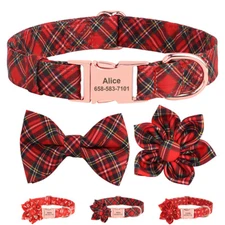 Custom Plaid Dog Collar Bow Tie & Flower Removable Christmas Adjustable Labrador