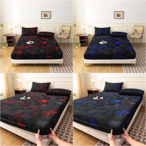 3* Luxury Geometry Grid Checked Deep Pocked Fitted Sheet S/D/Q/King