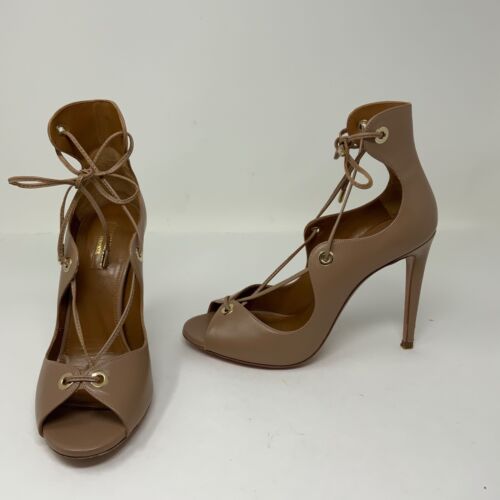 Aquazzura Tango 105 Sandal Leather Strappy High Heels Stilettos Shoes Biscotto - Picture 2 of 8
