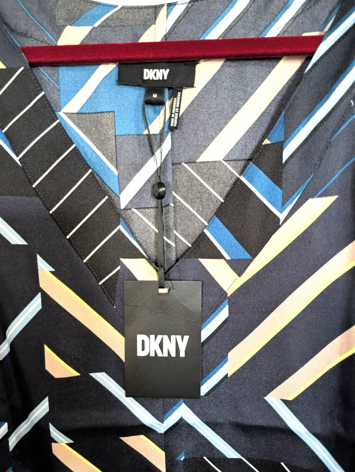 NUEVO CON ETIQUETAS DKNY Camiseta sin mangas con estampado geométrico azul marino y tostado talla M Foto 2 de 3