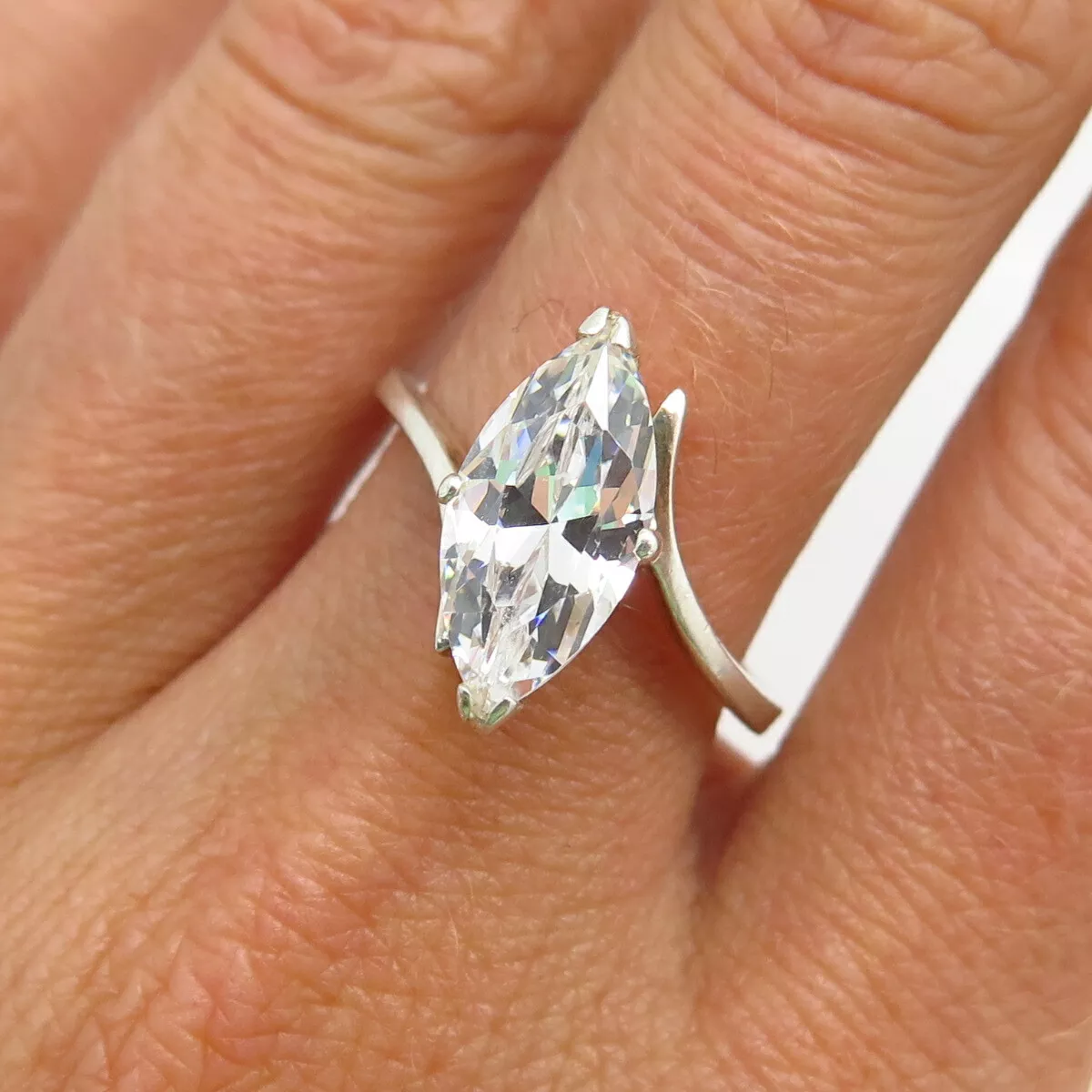 925 Sterling Silver C Z Marquise Cut Bypass Solitaire Engagement