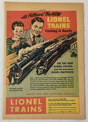 1949 LIONEL TRAINS cartoon ad page ~ HI FELLOWS! ~ red version