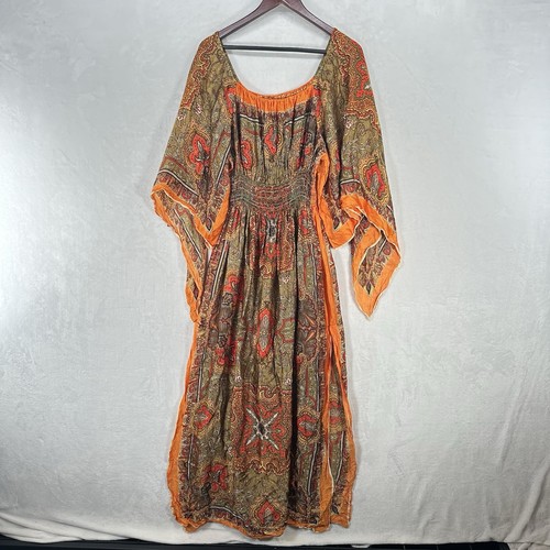 Vintage Dress Womens M Orange 70s Paisley Floral Asymmetric Satin Smocked Hippie