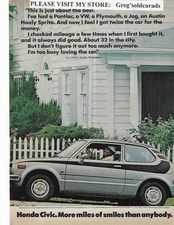 Original 1974 Honda Civic  vintage print ad:  "More miles per gallon (version #2