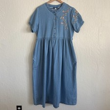 Vintage 90s April Cornell Floral Embroidered Chambray Tie Back Midi Dress Large