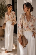 THE GREAT. Floral Peasant Blouse Cream Multicolor Size 1 Small Boho New