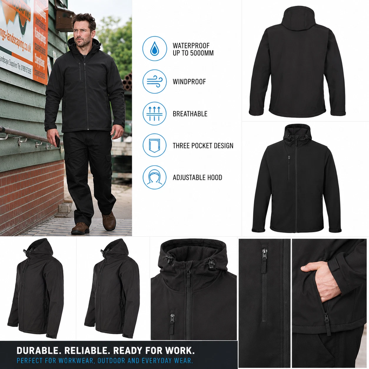 Fort Holkham Hooded Softshell Jacket Waterproof Windproof Workwear Fleece Lined