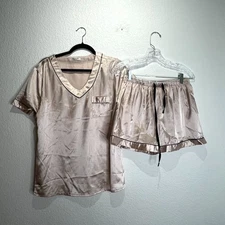 Ekouaer Pajama Set Womens Small Beige Satin Stretch V Neck Drawstring Sleepwear