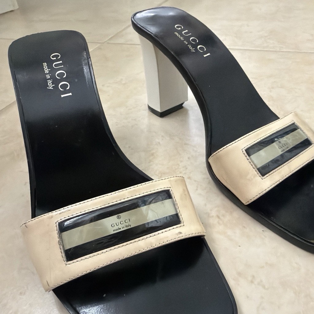 Gucci Leather Square Toe Logo Slip-On Mule Sandals Black/Beige Women 6.5 View 2