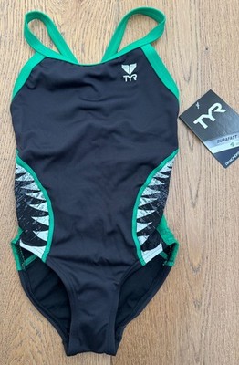 TYR Girl Youth 22 Black Green One Piece Swim Suit Durafast Diamondfit New in Box