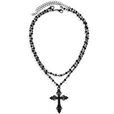 Gothic Bead Cross Necklace Layered Choker Necklaces for 45 cm, Black