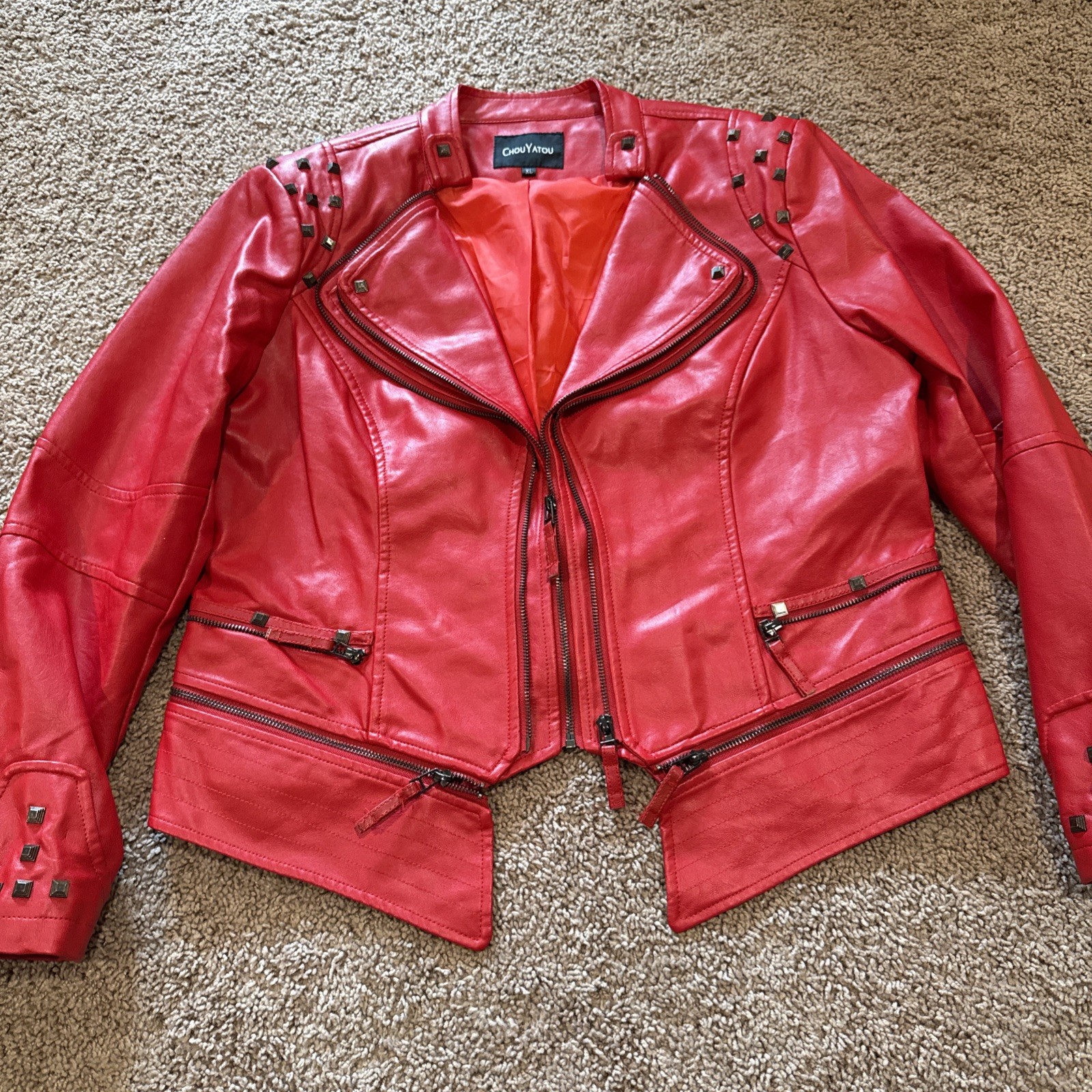 ChouYatou Woman&rsquo;s XL Faux Leather Studded Jacket - Unzip b