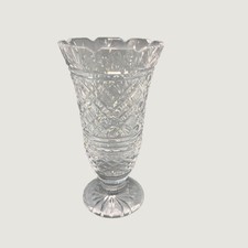 Vintage Cut Crystal Footed Vase Clear Glass Diamond Pattern Scalloped Rim 8 Inch
