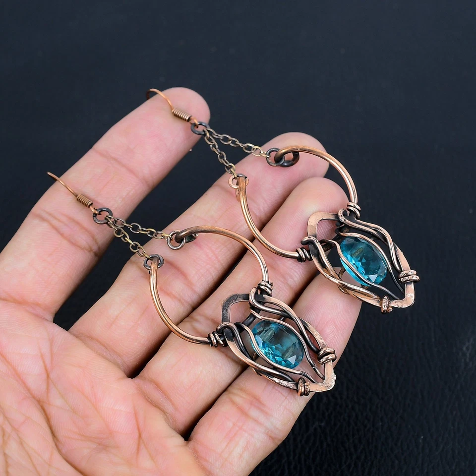 Blue Topaz Gemstones Handmade Copper Wire Wrap Earrings Jewelry Gift For Love Foto 3 de 4