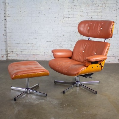 MCM Plycraft Lounge Chair & Ottoman in Saddle Color Italian Leather Attributed
