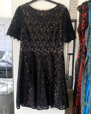 Oasis Size 12 Black Open Lace Nude Lined Sheer Short Sleeved Dress VGC