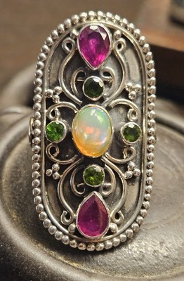 Vintage 925 Sterling Silber Schild Ring Gr. 7 natürlicher Feueropal Granat verziert