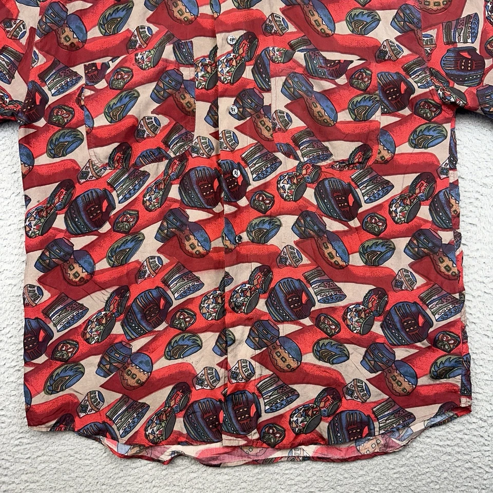 Impact Shirt Mens Medium Red Allover Print Silk Button Up Aztec Pottery Casual - Image 3 of 4