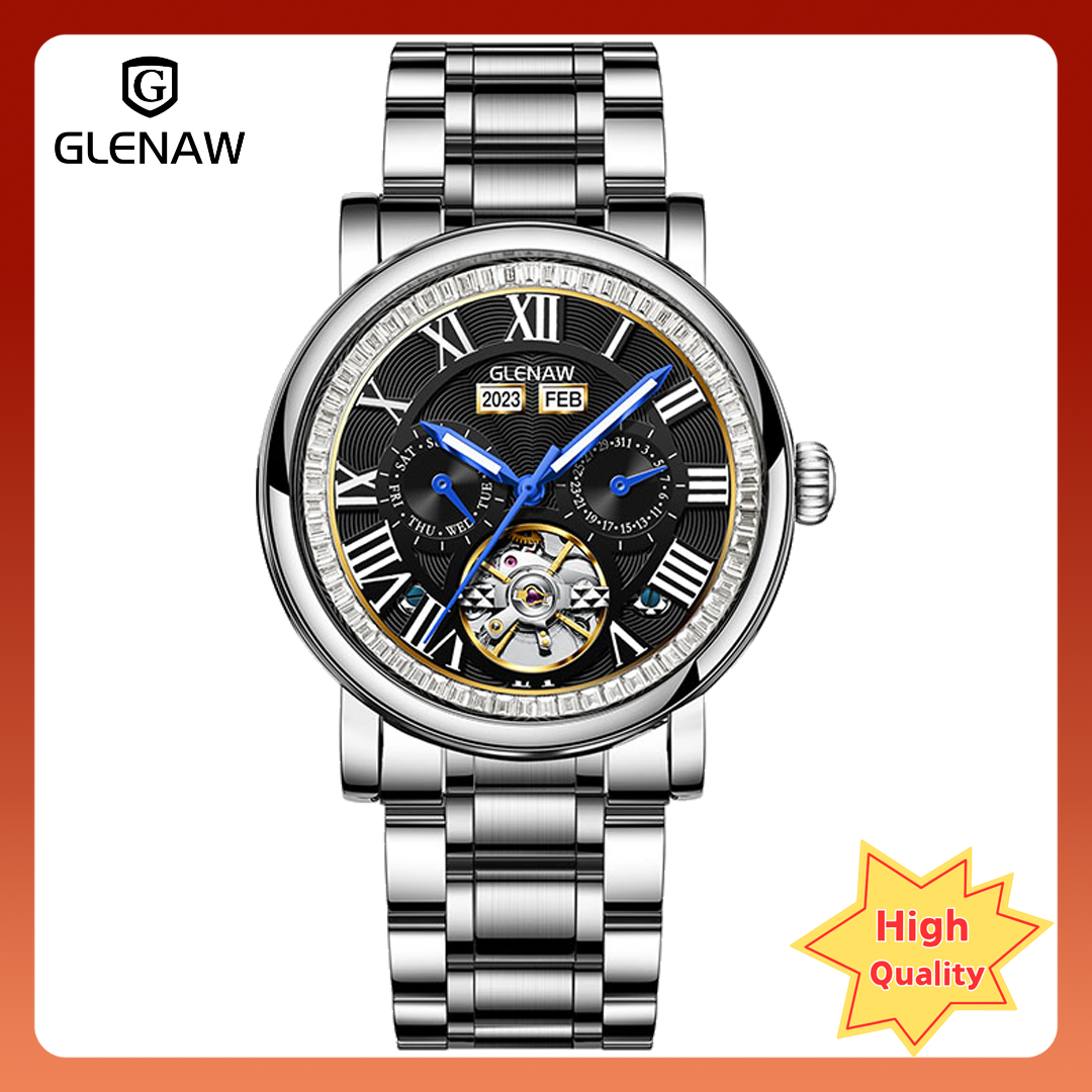 GLENAW luxury automatic mechanical men's watches date tourbillon dress luminous